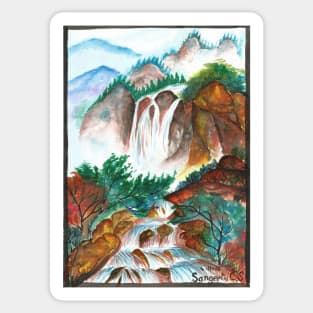 Waterfall over the mountains ink painting Sticker